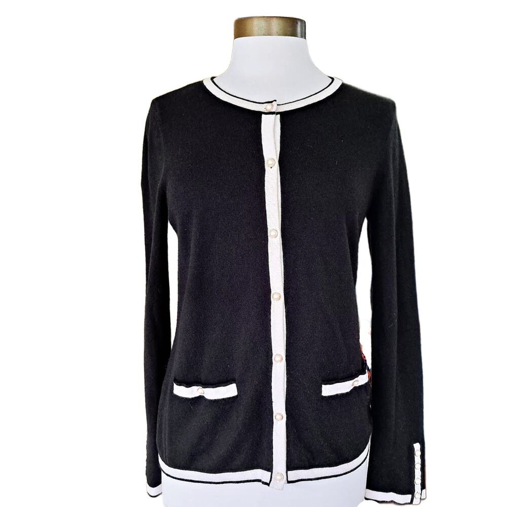 Talbots Classic Coco Pearl Button Cardigan Sweater Small Black Cream Trim